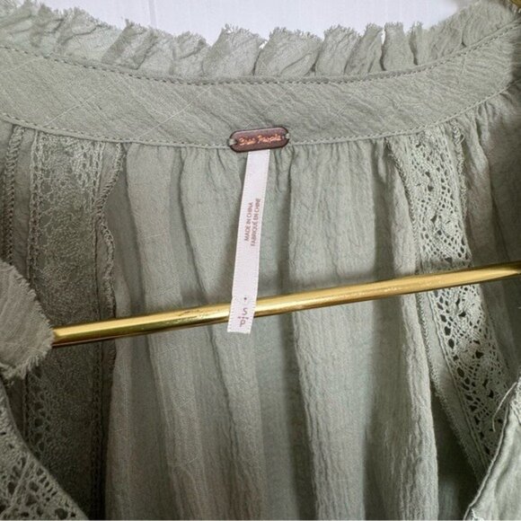 Free People Sivan Embroidered Top Green Puff Sleeve Blouse with Ruffled Small - Picture 8 of 16